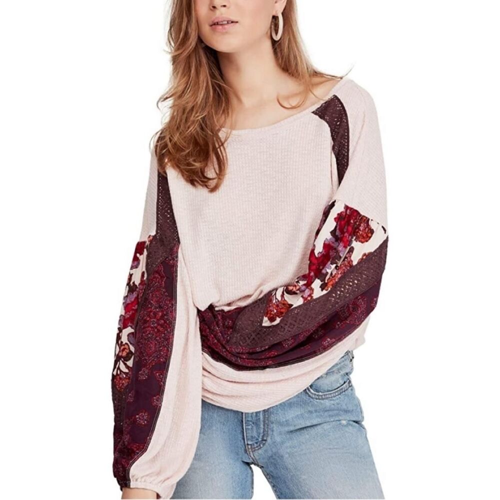 Free People Casual Clash Thermal Top S Long Sleeve Boho Festival Coquette